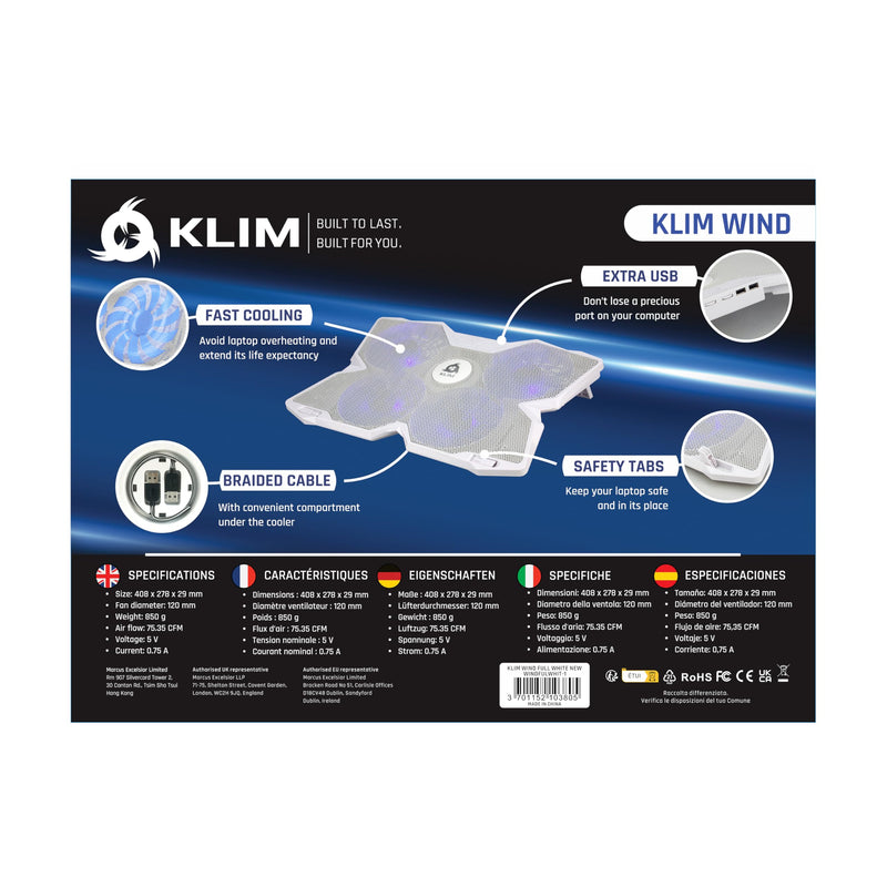 KLIM Wind Laptop Cooling Pad - More Than 500 000 Units Sold - New - The Most Powerful Rapid Action Cooling Fan - Laptop Stand with 4 Cooling Fans at 1200 RPM - USB Fan - PS5 PS4 - Full White