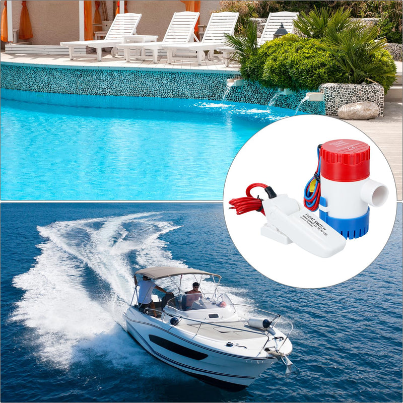 QWORK 1100 GPH 12V DC Automatic Bilge Water Pump and Float Switch Combo for Boats, Marine, RV, Aquariums - Compact, High Flow