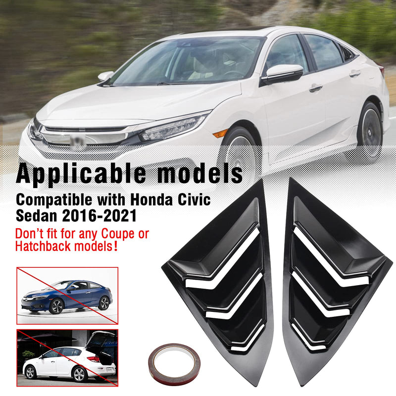 for 10th Gen Civic Sedan Rear Side Window Louvers Air Vent Scoop Shades Cover Blinds Racing Style Compatible with Civic Sedan 2021 2020 2019 2018 2017 2016 (Bright Black) Bright Black
