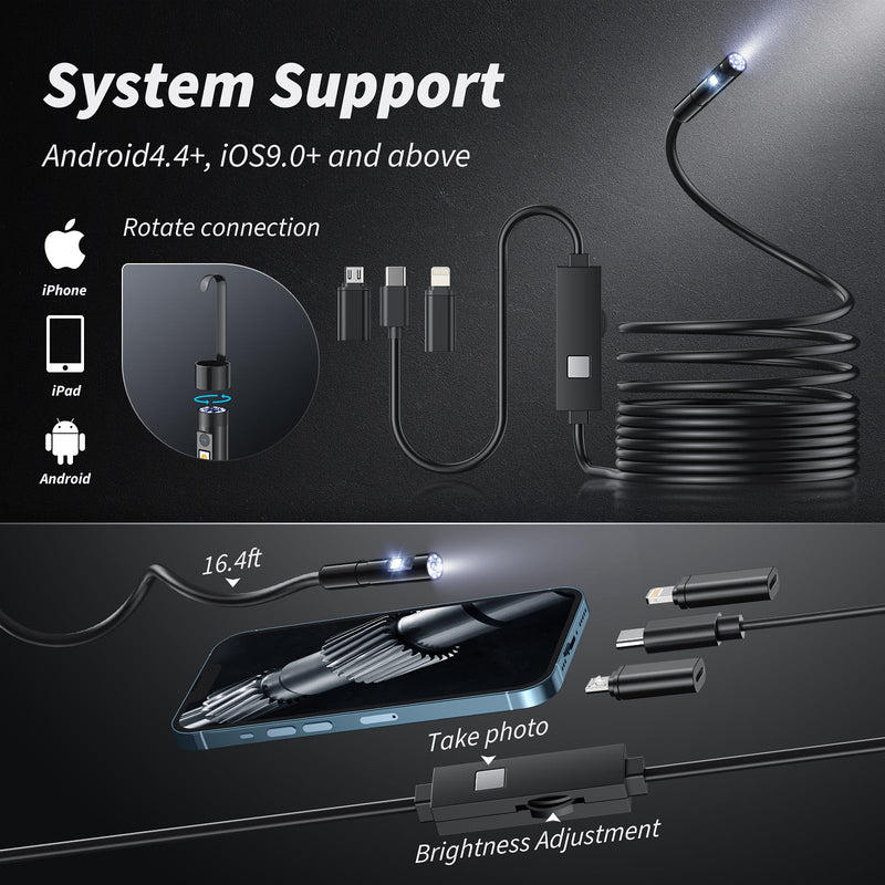 Endoscope Camera with Light, 1920P HD Bore Scope Borescope with 8 Lights, Waterproof 16.4FT Semi-Rigid Cord for Pipe Inspection, Industrial Endoscope for Phones(Dual Lens) Dual Lens