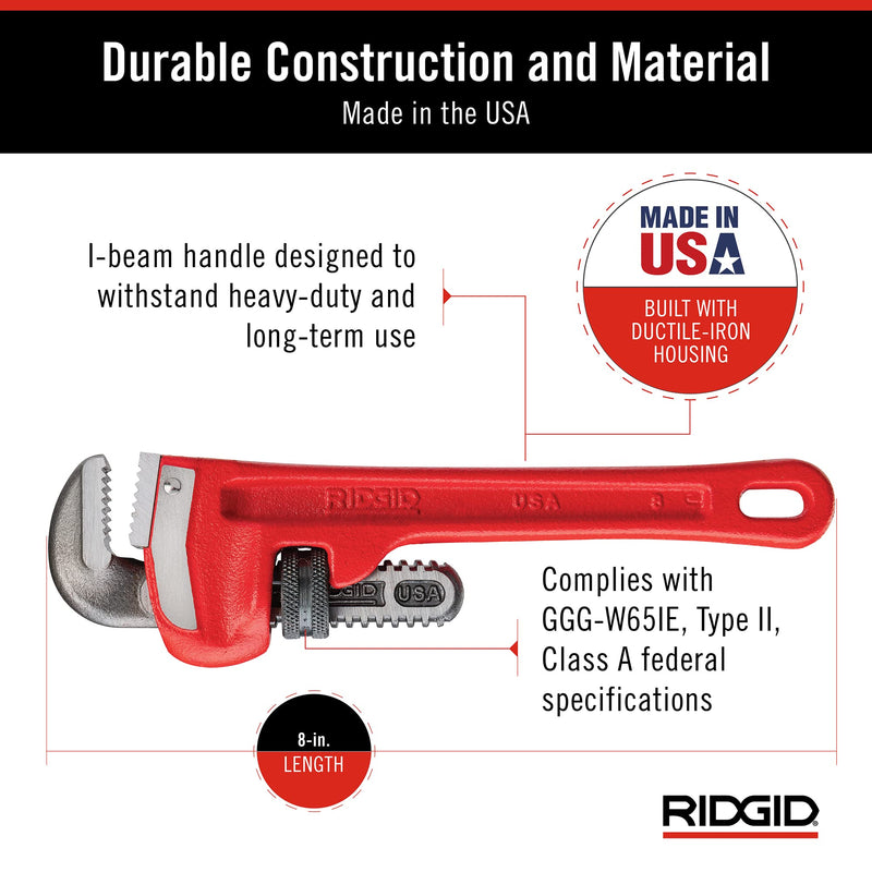 RIDGID 31005 Model 8 Heavy-Duty Straight Pipe Wrench, 8-inch Plumbing Wrench, Small, Red