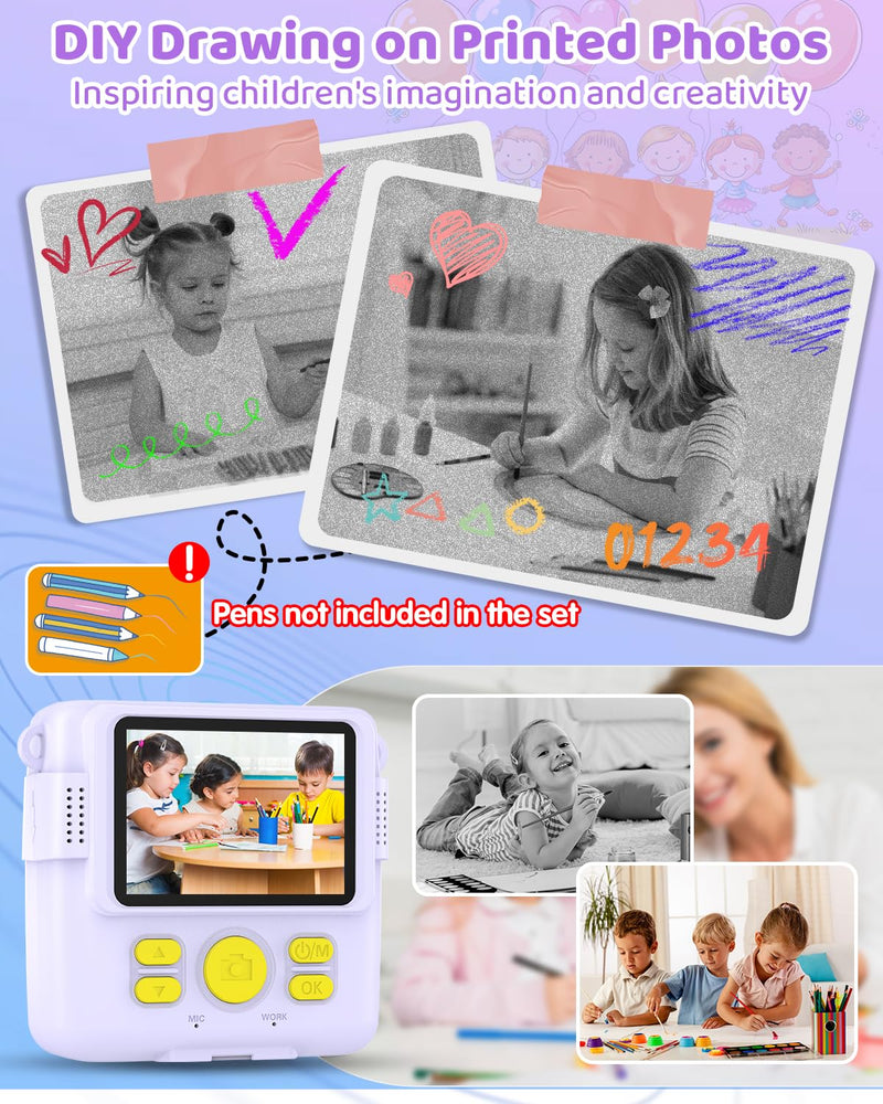 Instant Print Camera for Kids with 3 Rolls of Printer Paper, 1080P Toddler Digital Camera Toys for Age 3-12 with 32GB SD Card, Christmas & Birthday Gifts for 3 4 5 6 7 8 Year Old Girls & Boys (Purple) Purple