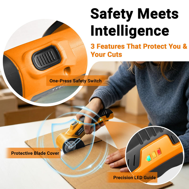 Electric Scissors with 5 Blades & Storage Bag – Cordless Rechargeable 4V Box Cutter, 2000mAh Battery, LED Light & Safety Lock, Heavy-Duty Cutting for Cardboard, Leather, Cloth, Carpet & Plastic Orange