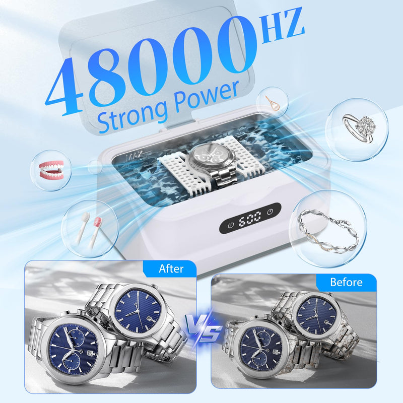 Ultrasonic Jewelry Cleaner: 48Khz Ring Cleaner Ultrasonic Machine with Digital Timer, 4 Cleaning Modes, 24W Sonic Cleaner for Jewelry, Glasses, Retainer, Watch Strap, Home & Travel Use, 13.5oz White