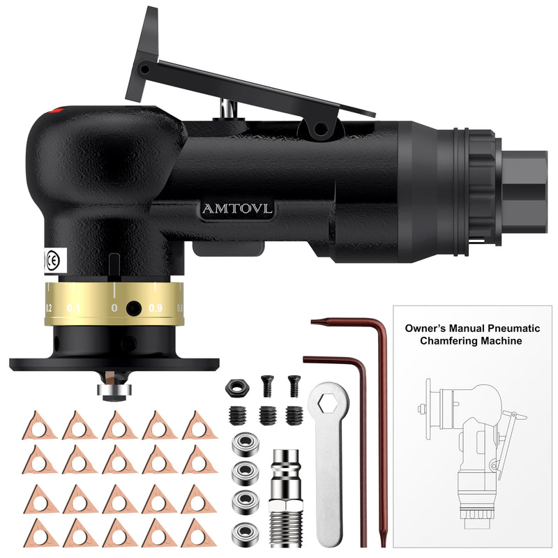 AMTOVL Pneumatic Chamfering Tool - Mini Air Chamfer Tool with 10 C-Angle & 10 R-Angle Blades, 45° 30000 RPM Chamfering Tool for Metal and Wood with 1/4" Air Inlet Black