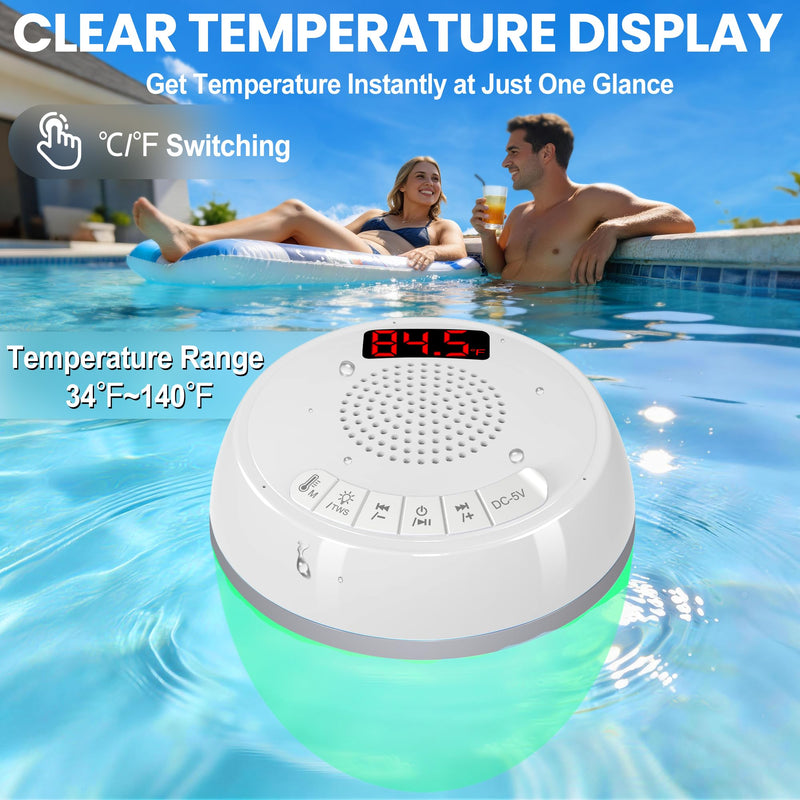 AearKing 3in1 Floating Pool Speaker with Digital Pool Thermometer & Lights | RGB Lights, TWS, IP68 Waterproof, Bluetooth 5.0, 360° Surround Sound, LCD Temperature Display, ABS,USB Charging White