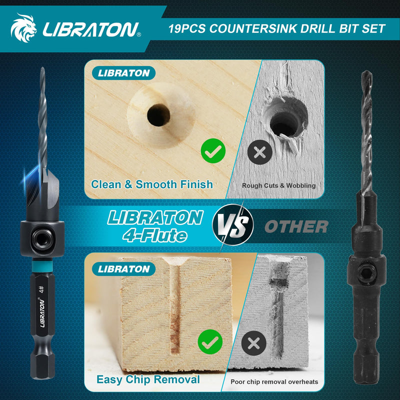 Libraton Countersink Drill Bit Set, 19 PCS Tapered Drill Bits for Woodworking, Counter Sink Drill Bit Wood Plug Cutter Extendable Bit Holder 1/4" Hex Shank Screwdriver Bits with Storage Case