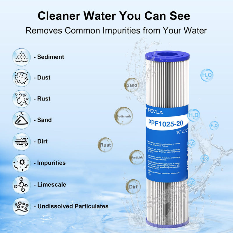 6-Pack 20 Micron Pleated Water Filter Cartridge, 10" x 2.5" Washable & Reusable PET Sediment Filter for Well Water & Whole House Pre-Filter, Compatible with WFPFC3002, WHKF-WHPL, AO-WH-PRE-RP2 6 Count (Pack of 1)