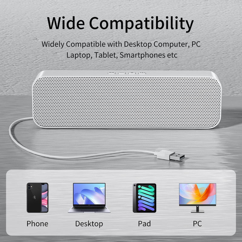 Computer Speakers for Desktop PC,USB Powered & Plug and Play,with Bluetooth 5.3/3.5mm AUX Input,Small Bluetooth Speakers with Stereo Sound Fit Under the Monitor for Office Work, Gaming, Music Bright White