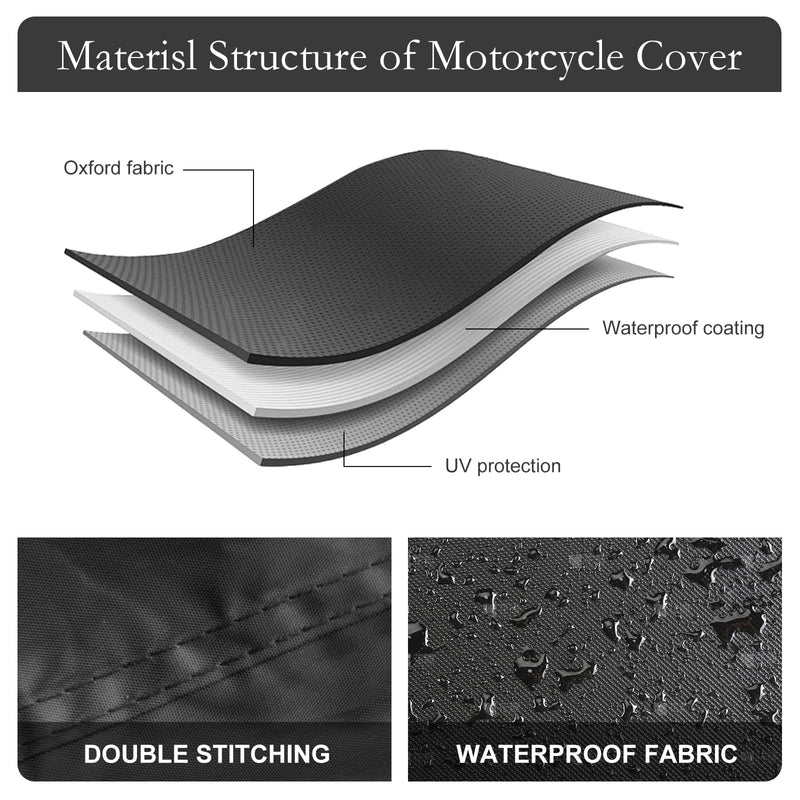 Motorcycle Cover Black All Season Waterproof Sun Outdoor Protection, Fits up to 91" Motorcycle Vehicle Cover (L Large & Lockholes & Storage Bag) 91"