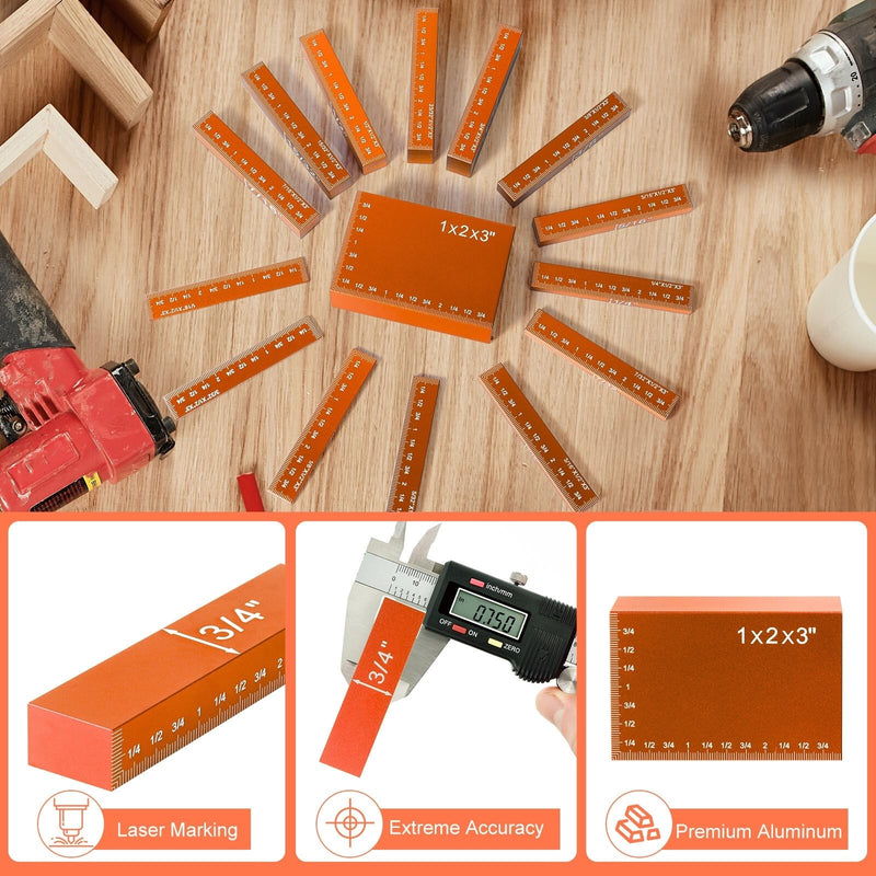 Setup Blocks-15 Pcs Aluminum Precision Height Gauge Set for Router and Table Saw Woodworking Set Up Accessories,Orange Inch Orange