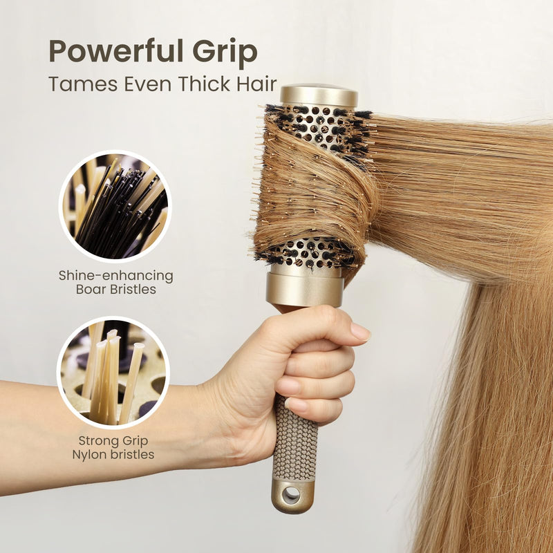 AIMIKE Round Hair Brush, Nano Thermal Ceramic & Ionic Tech Round Brush, RoundBrushes for Blow Drying with Boar Bristles, Barrel Brush for Styling, Curling,Add Volume & Shine (74mm,Barrel 43mm) 43mm-74mm including bristle