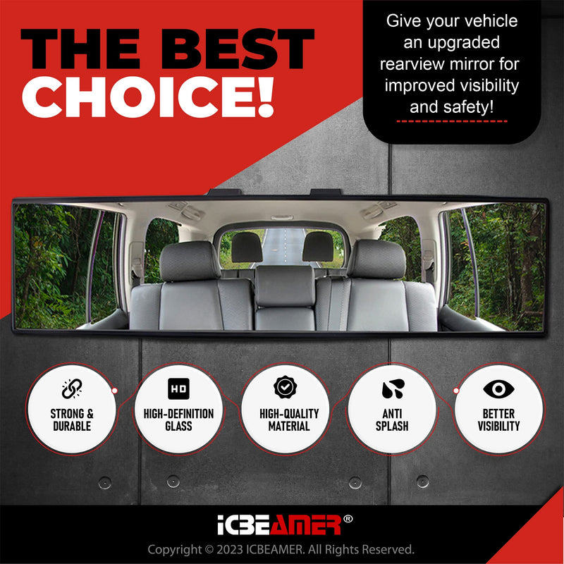 15.8" ICBEAMER Clip On Rear View Mirror | Flat Clear Tint Glass, Panoramic Wide Angle HD Glass, Anti Glare, Universal Fit for Car, SUV, Truck | Eliminates Blind Spots (1 Pack) 15.8"- Flat