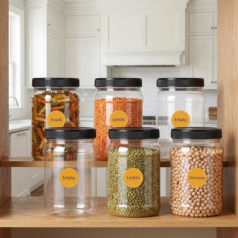 Fasmov 9 Pack 32 Oz Plastic Jars with Black Lids, Wide Mouth Clear Empty Plastic Storage Containers for Crafts, Dry Food, Peanut Butter, Honey and Jam Storage
