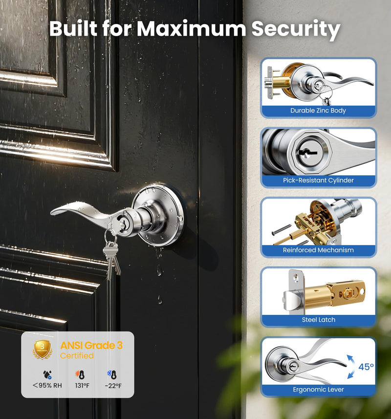 Veise Keyed Entry Door Lever, Wave Handle Lock for Exterior & Interior Door, Door Knobs with Lock and Key, Rust-Proof Bedroom Door Lock, Zinc Alloy Right Left Handed, Satin Nickel 1