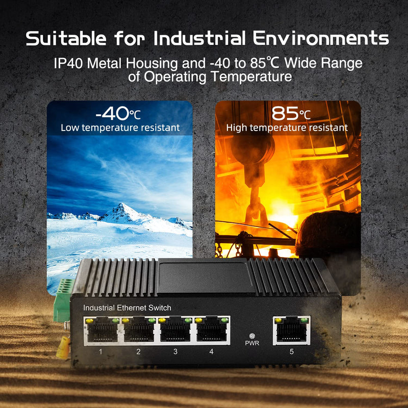 5 Port Industrial Ethernet Switch, 4 Ports and 1 Uplink 10/100Mbps, Fanless Din Rail and Wall Mount, IP40 Aluminum Alloy -40~75°C(-40~185°F), with One Power Supply 5 Port 100Mbps