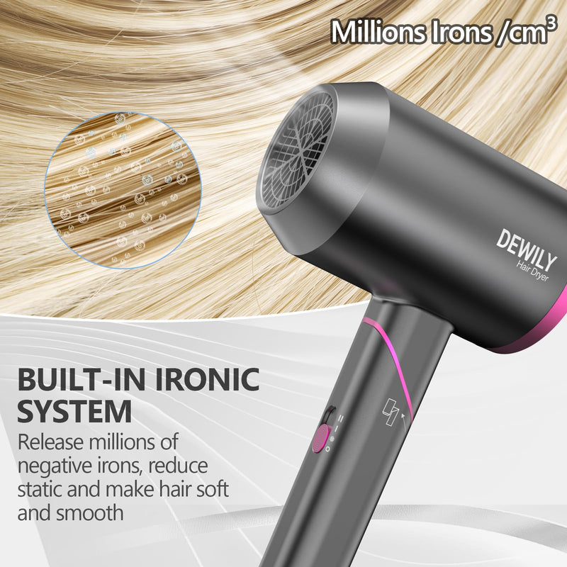 Travel Hair Dryer for Women Men-DEWILY Powerful Foldable Ironic Hairdryers | Fast Drying Hair Dryers for Curly Hair and Straight Hair，Small Blow Dryer Grey/Rose-1 Nozzle