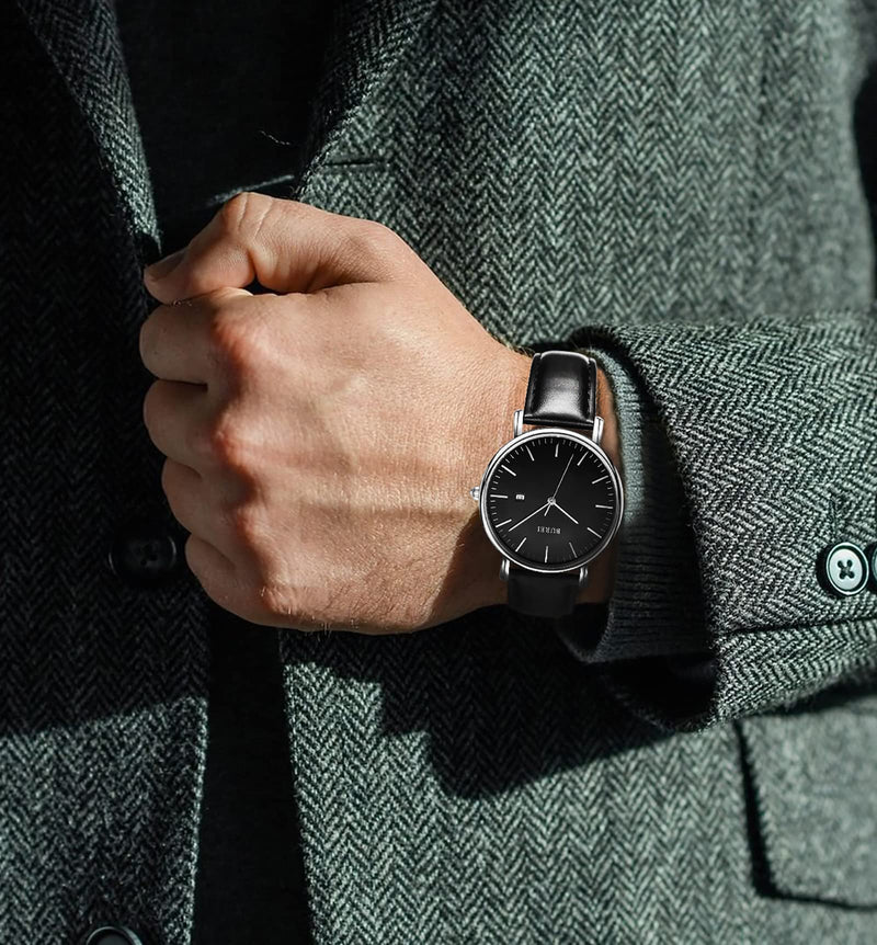 BUREI Men Watches Brown Leather Fashion Minimalist Wrist Watch Simple Ultra Thin Waterproof Quartz Watches All Black Stainless Steel Mesh Band,Gift for Men Women