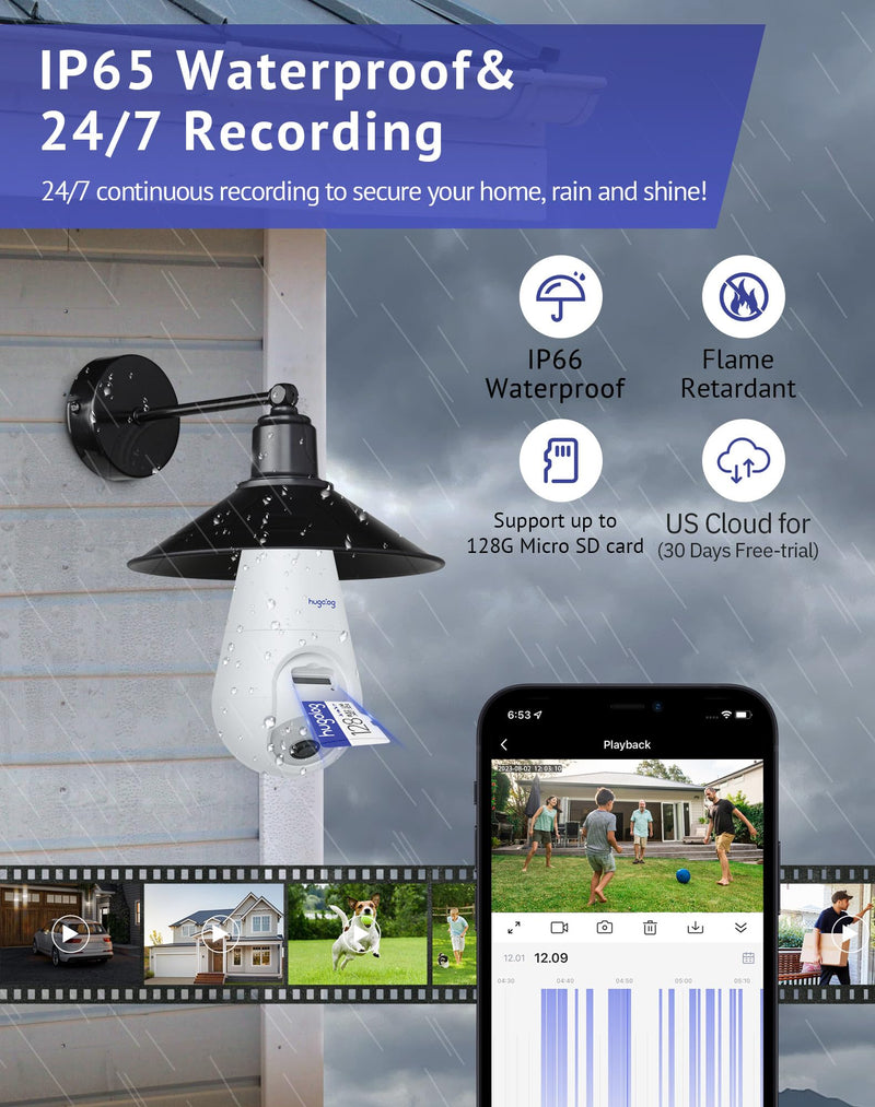 Hugolog 3K 5MP Light Bulb Security Cameras Wireless Outdoor-2.4GHz Cameras for Home Security Indoor with AI Sound Processing, Motion Detection,Color Night Vision,Auto Tracking,Siren Alarm White 3K-2 Pack