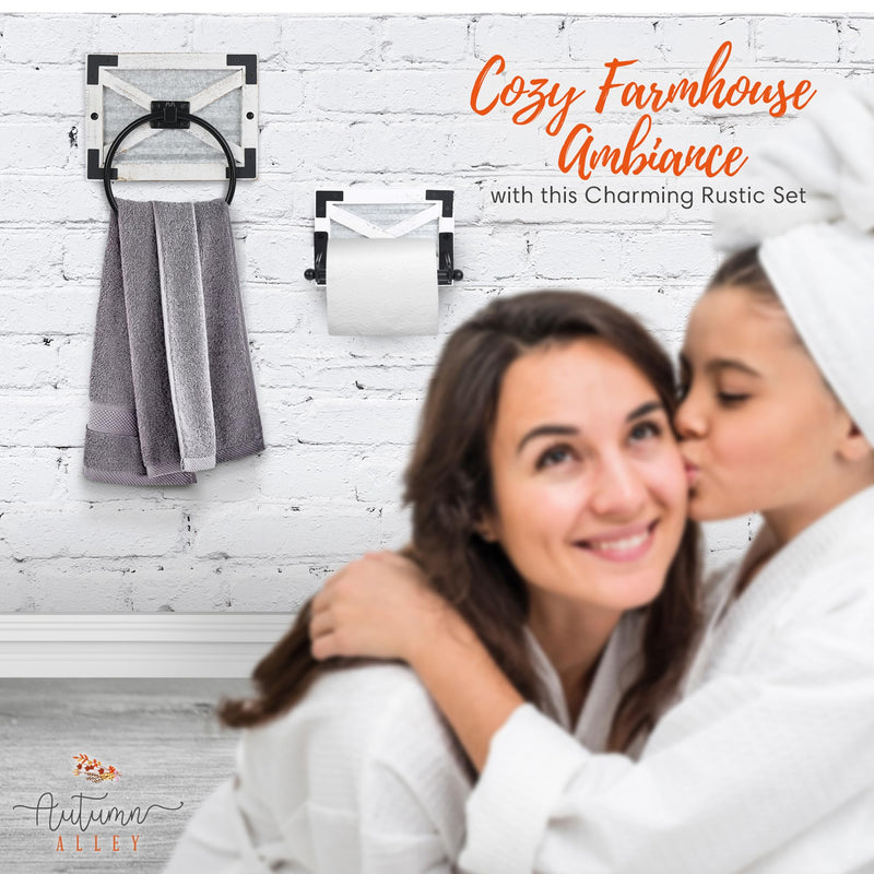 Autumn Alley Farmhouse Toilet Paper Holder and Towel Ring Holder with Bracket, Wall Mount, 2 Set - Farmhouse Toilet Paper Holder and Bathroom Hand Towel Holder Wooden Decor, White