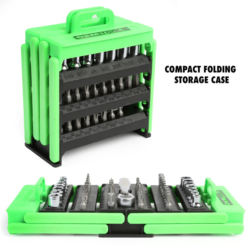 OEMTOOLS 26549 53-Pc Socket Wrench Set, Mini Ratchet Kit for Tight Spaces and Precision Fastening, Socket Set Includes SAE/Metric Sizes, 3/8” Extension Bar, Folding Case Included