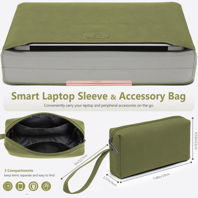 HYZUO 13.3-14 Inch Laptop Sleeve Case with Stand for MacBook Pro 14 M4/M3/M2/M1 2025-2021, MacBook Air/Pro 13.3, 13.8/13.5 Surface Laptop, HP Spectre X360 13/14, Olive Green(Smiley)