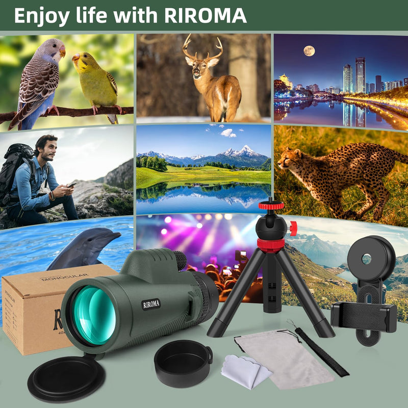 40X60 Monocular Telescope with Smartphone Holder & Tripod, Power Prism Compact Monoculars for Adults Kids, HD Monocular Scope for Bird Watching Hiking Concert Travelling Green
