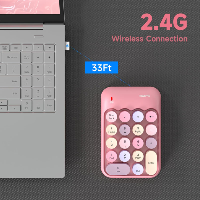 MOFII Wireless Number Pads - Pink Numeric Keypad 18 Keys USB 2.4G Round Keycap Colorful Extensions Keypads, Financial Accounting Portable Numpad 10 Key for Laptop/PC/Notebook/Surface Pro