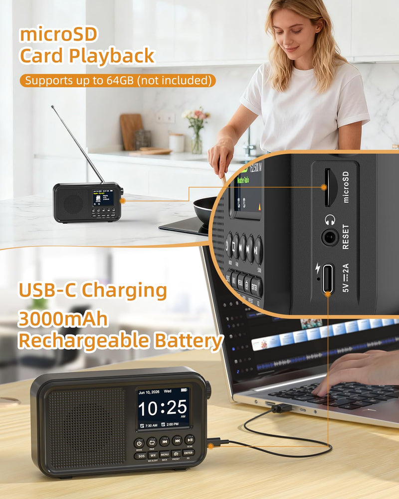 Mesqool FM Radio, Portable Radio with Bluetooth & NOAA Weather Alert | Auto Scan, 40 Presets, 8W Sound, 2.4" Color Display, USB-C Charging, microSD Playback, Dual Alarms, Sleep Timer, 6 EQ Modes Black