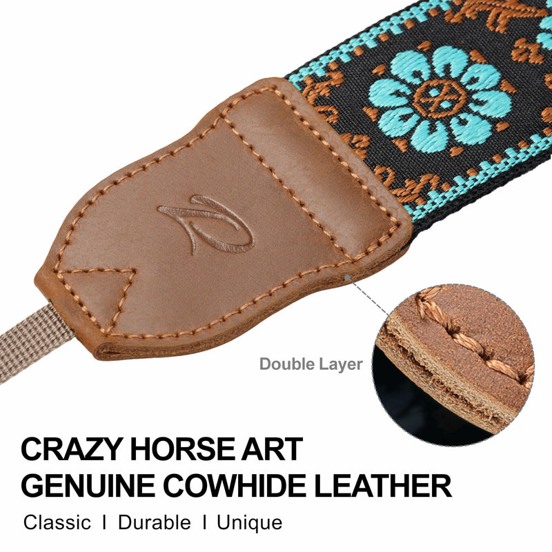 Padwa Lifestyle Camera Strap - 2" Crazy Horse Cowhide Ends Adjustable Camera Straps for Photographers, Soft Fabric Embroidered Cotton Strap Quick Release fits All Cameras(Blue Flower) B# - Blue Flower Embroidery 2 inch Wide / Adjustable 34~57 inch