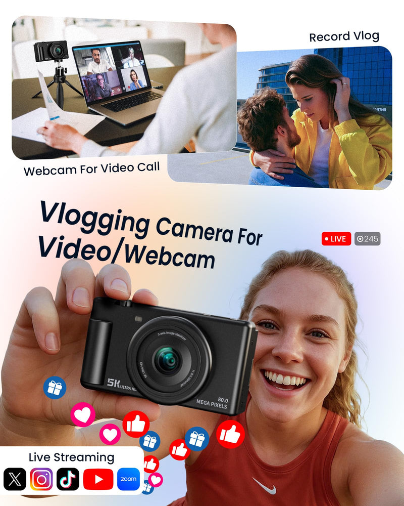 True 5K Digital Camera for Photography, Autofocus 80MP with 18X Digital Zoom, 3" 270° Flip Screen Selfie Camera for YouTube Vlogging & Content Creation, 2 Batteries, 32GB Card & Flash，Black Black