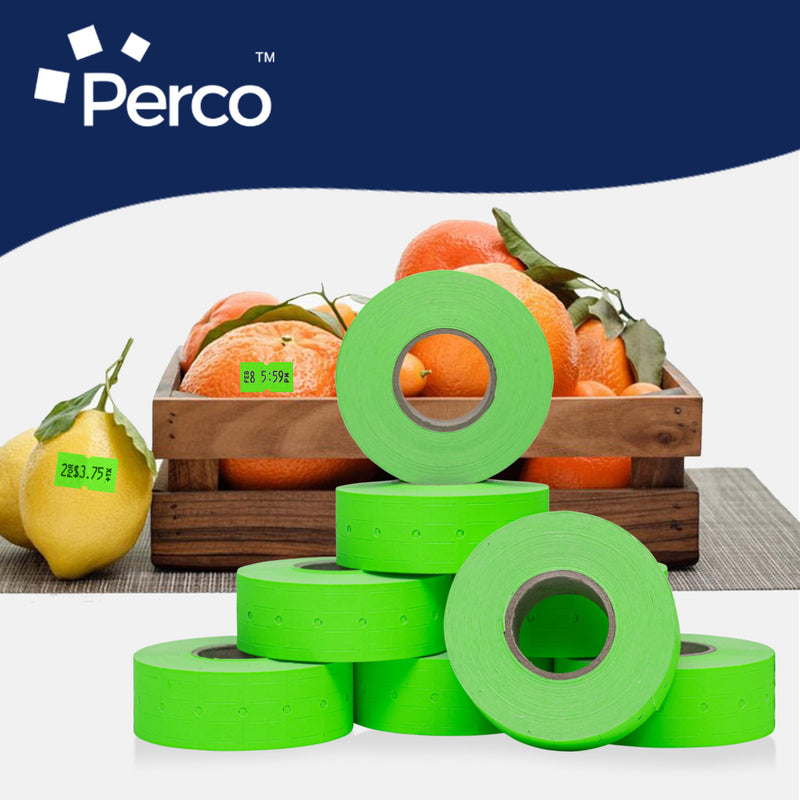 Perco 1 Line Fluorescent Green Labels - 8 Rolls, 1 Sleeve, 8,000 Blank Price and Date Gun Labels for Perco Lite, X, Plus and Pro 1 Line Price and Date Guns - Made in USA