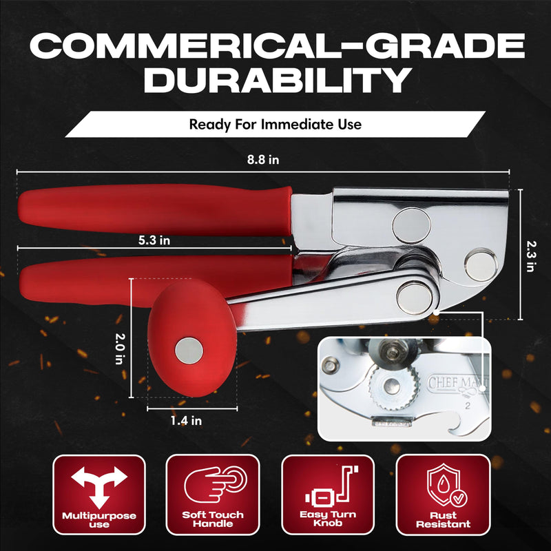 Chef Master Commercial Can Opener Heavy Duty - Manual Hand Crank for Large Cans with Anti-Slip Grip - Stainless Steel Restaurant Can Opener Manual for Seniors, Kitchen, Bars & Food Trucks - 90056 Heavy Duty 1 Pack