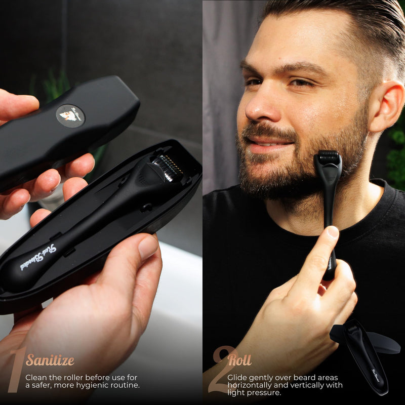 Red-Blooded Beard Roller, Derma Roller, Microneedling Roller, Beard Growth | Also called a dermaroller, this 0.5mm microneedle roller for hair growth supports thicker, fuller beard regrowth for men.