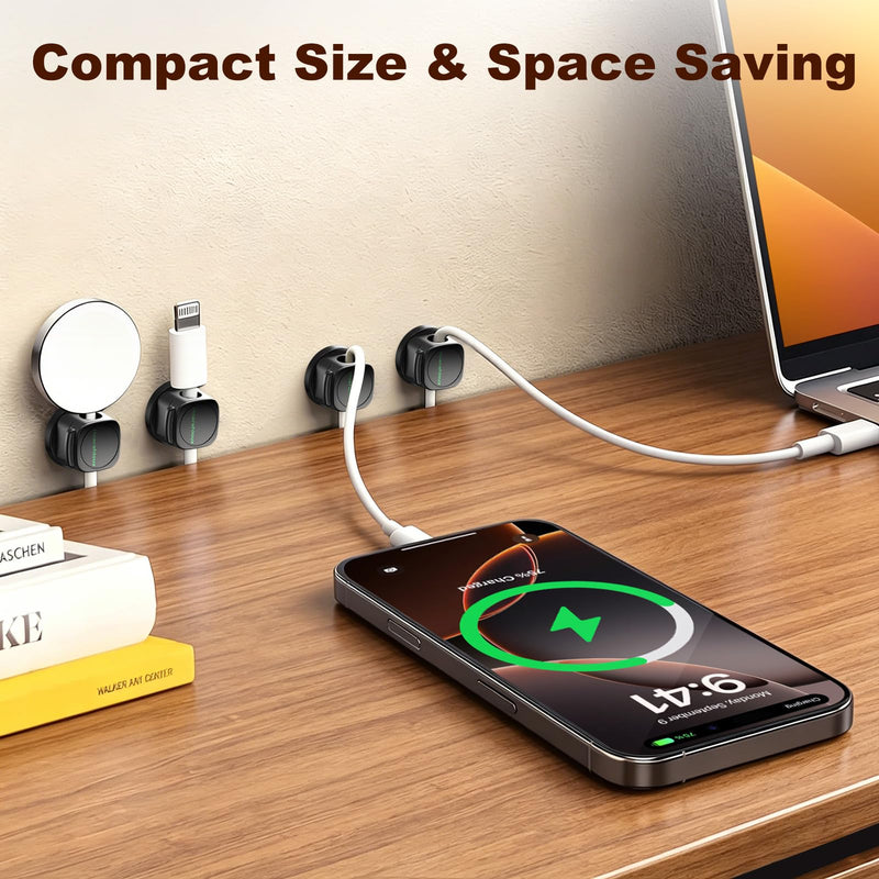 Magnetic Cable Clips 12 Pack, 360° Rotatable Self-Adhesive Cord Holder with One-Hand Open Lid, Cable Management for Nightstand Desk Car Phone Charger