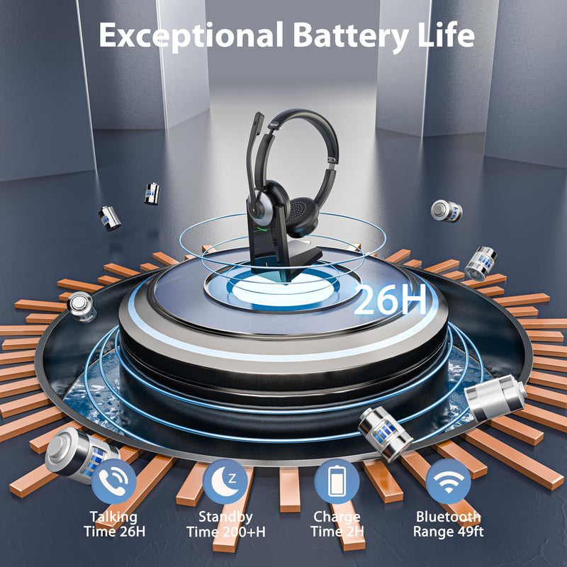Wireless Headset with Microphone, AI Noise Cancelling Headset for Office | V6.0 Bluetooth Headset with Mute & Charging Base, Computer Headphones 36H Work, Call Center/PC/Phone/Laptop/Teams Black Silver