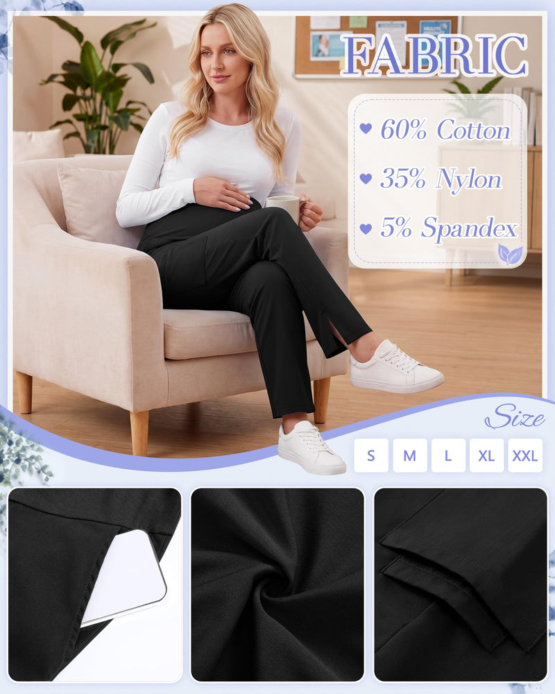 Women's Maternity Scrub Pants 6 Pockets Stretchy Pregnancy Cargo Workwear Straight Leg High Waist Nurse Trousers Black Medium