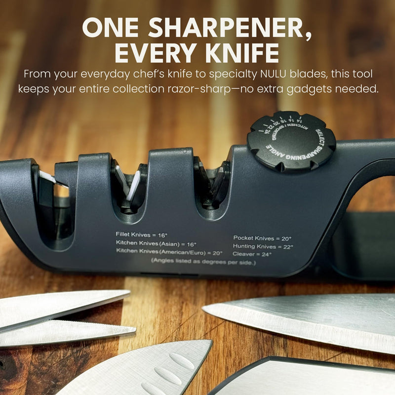 NULU Adjustable Knife Sharpener - Manual Knife Sharpener with Angle Control for Nulu & Traditional Knives, Ergonomic Design, Triple Sharpening System for Professional Results