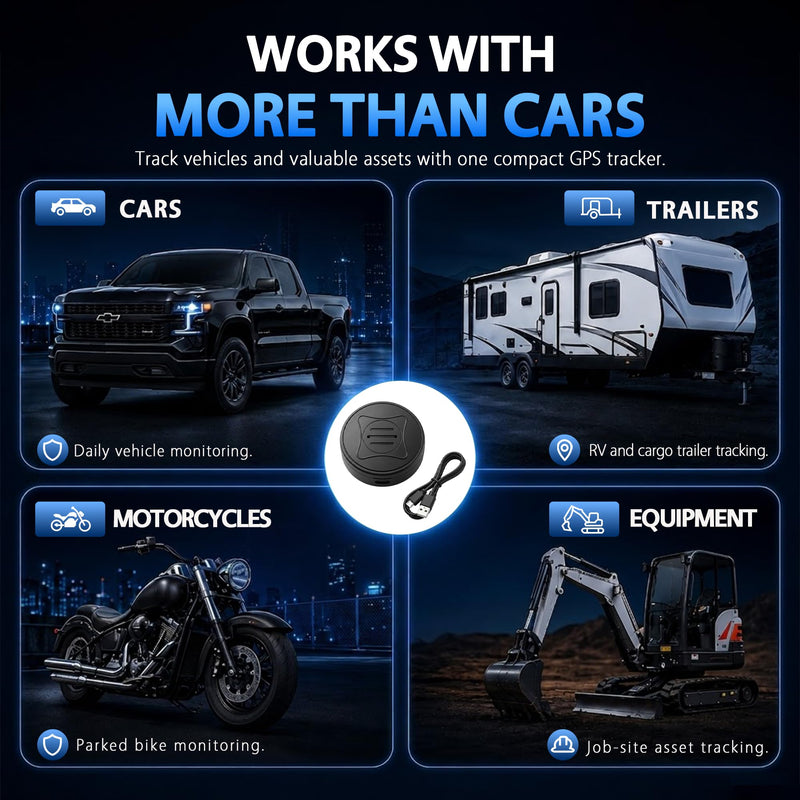 GPS Tracker for Vehicles, Real-Time Tracking for Cars, No App Fees, Black | Compact Magnetic Waterproof Vehicle Tracker with App, Route History & Geofence Alerts; SIM Card Required