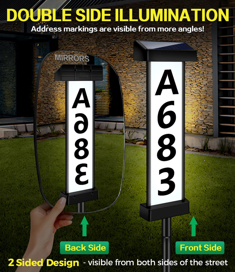 DBF Solar Address Sign, Dual-Sided House Numbers for Outside Waterproof, 3 Colors LED Illuminated Solar Powered Address Plaque with Stakes, Outdoor House Number for Yard Street Home Garden, Vertical Ground&Wall