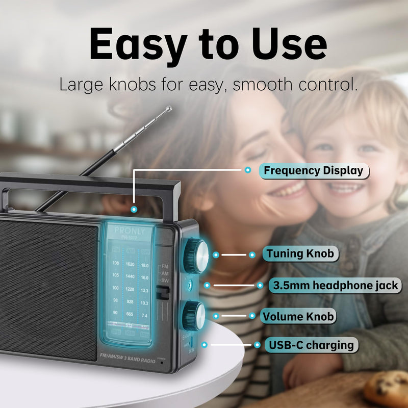 Portable AM FM SW Radio, Dual Power (4×AA or DC 5V USB) with Telescopic Antenna, Large Speaker & Metal Tuning Knobs, Compact Portable Radio for Home, Camping & Kitchen, Black