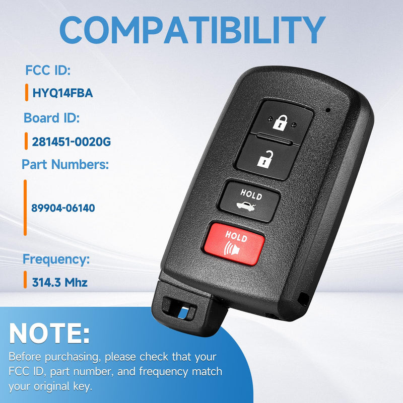 Key Fob Replacement Remote fits for Toyota Camry Avalon Corolla 2013 2014 2015 2016 2017 2018 Smart Car Keyless Entry Remote HYQ14FBA 281451-0020G 314.3Mhz 8A