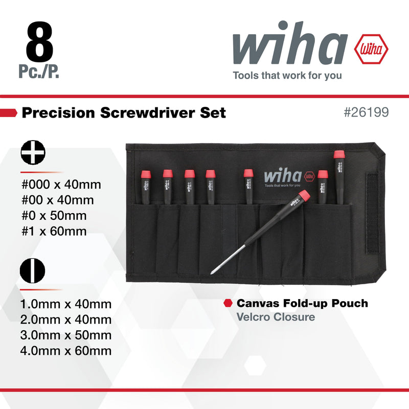 Wiha 26199 Slotted and Phillips Screwdriver Set in Rugged Canvas Pouch, 8 Piece