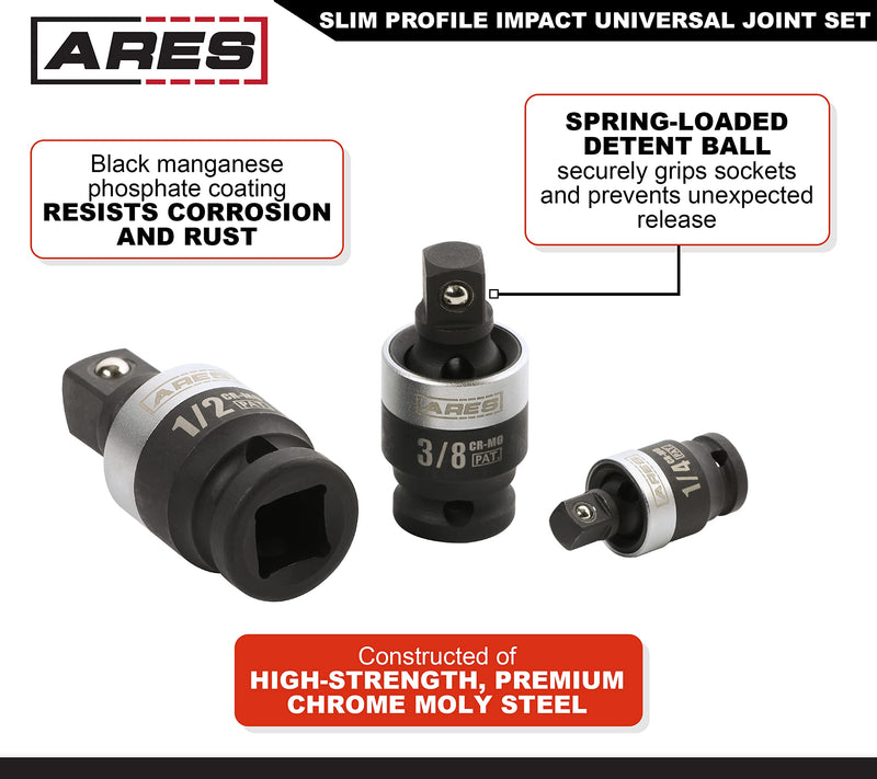 ARES 22036-3-Piece Slim Profile Impact Universal Joint Set - 1/4-Inch, 3/8-Inch and 1/2-Inch Drive Chrome Moly Steel Impact Grade U-Joint Sockets – Slim Body Profile for Superior Access 3-Piece Set Slim Impact Universal Joint
