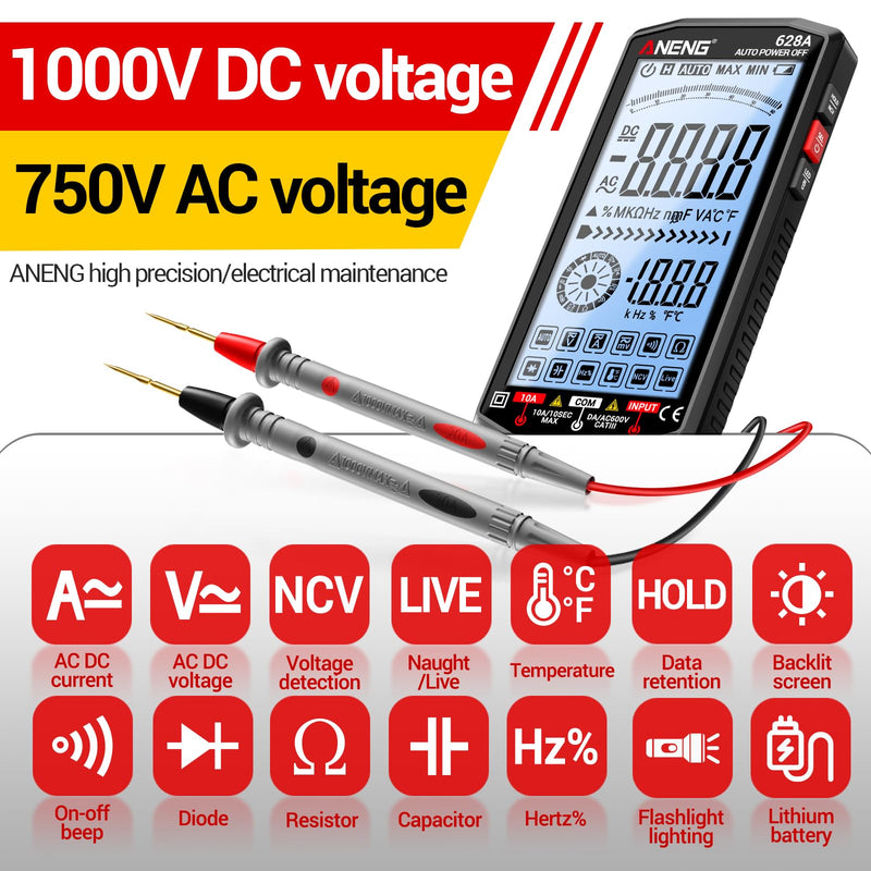 ANENG Multimeter,Digital Voltmeter Tester,TRMS 6000 Counts Rechargeable Meter Measures AC/DC Voltage,Current,Resistance,Capacitance,Temperature,Hz,NCV,Diode,Continuity Auto Ranging Electircal Tools Black
