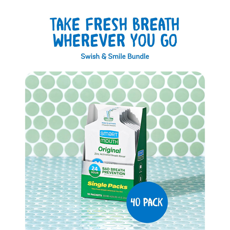 SmartMouth Original Zinc Activated Mouthwash Single Packs - Disposable Mouthwash Packets for Fresh Breath - Eliminates Bad Breath & Odors - Alcohol & Fluoride-Free - Fresh Mint - 10 Count, 4 Pack