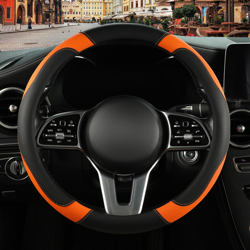  [AUSTRALIA] - Leather Steering Wheel Cover, Breathable, Anti Slip & Odor Free, Black and Orange Black Orange Round-Middle[14.5''-15'']