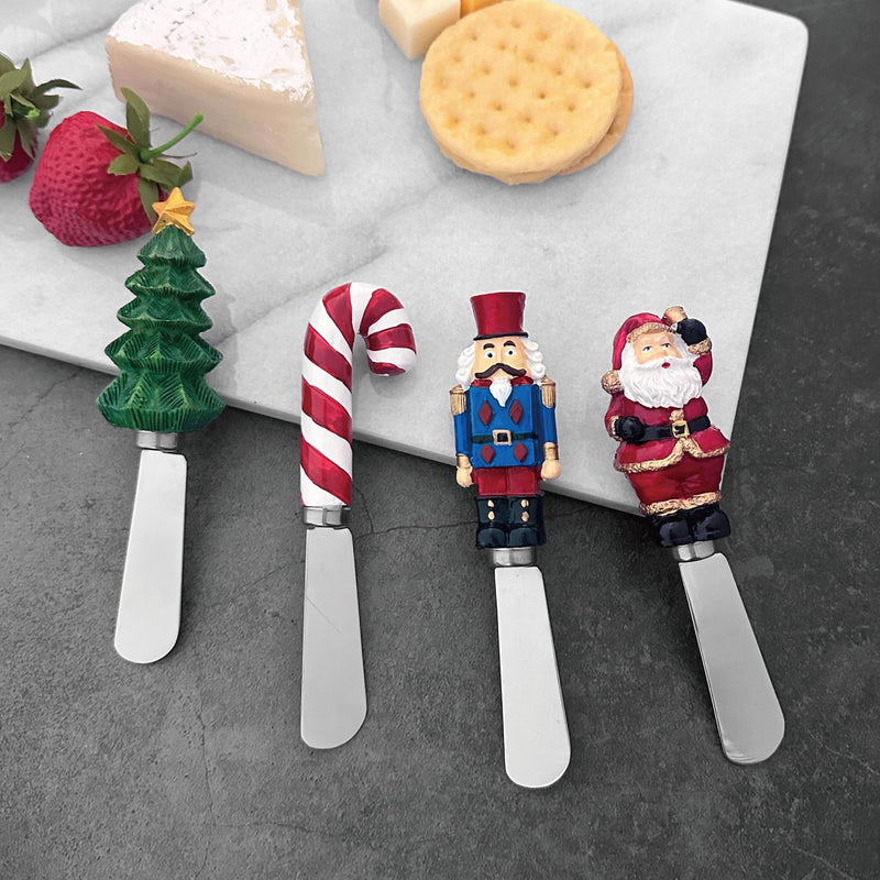 Supreme Housewares Tis the Season Cheese Spreaders, Hand-Painted Resin Handles with Stainless Steel Blades for Spreading Cream Cheese, Butter, and Jam, Assorted Christmas Designs, Set of 4