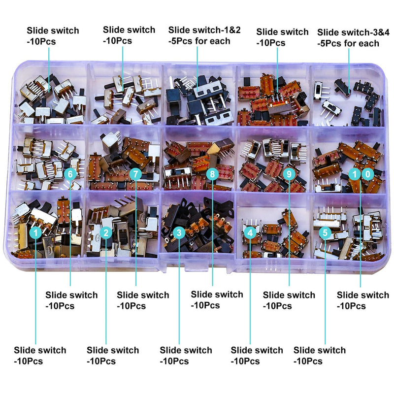 Slide Switch Assorted Kit, Mini Micro PCB Panel Slide Switch 2Pin 3Pin 4Pin ON/Off ON/Off/ON Switch Breadboard Electronic Dip SlideSwitch（JTS-Slide-Switch