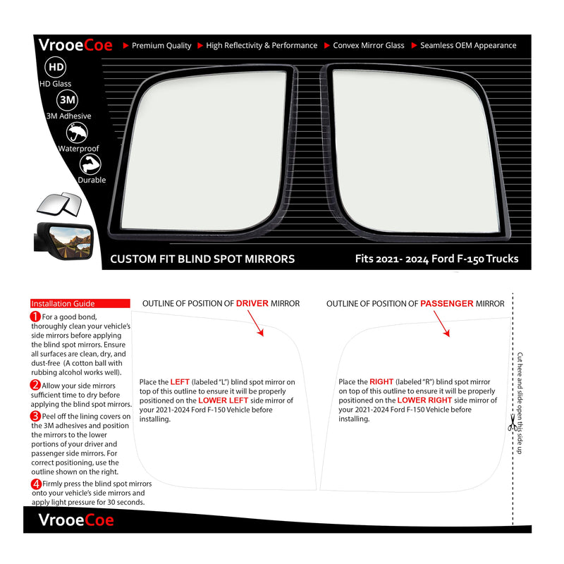Convex Stick On Custom Fitted Blind Spot Mirrors Compatible With 2021-2025 Ford F-150 F150- Engineered to Provide A Wider View